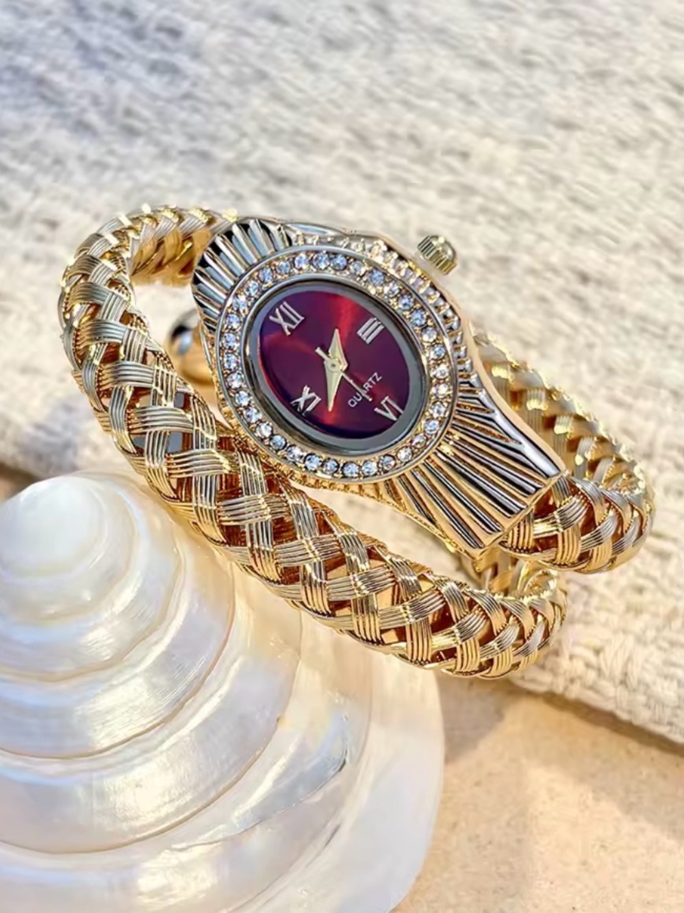 Gold Bangle Watch with Burgundy Dial